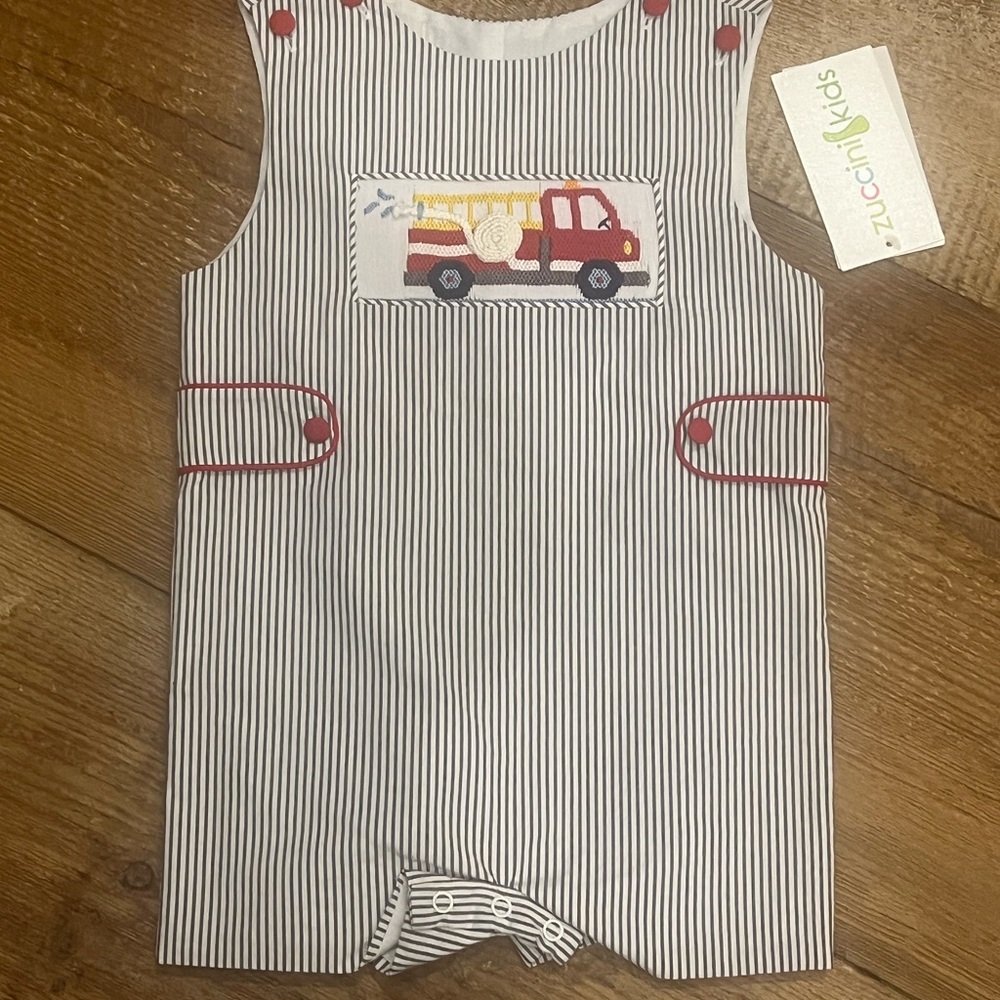 Zuccini Kids Striped Fire Truck Romper Searsucker